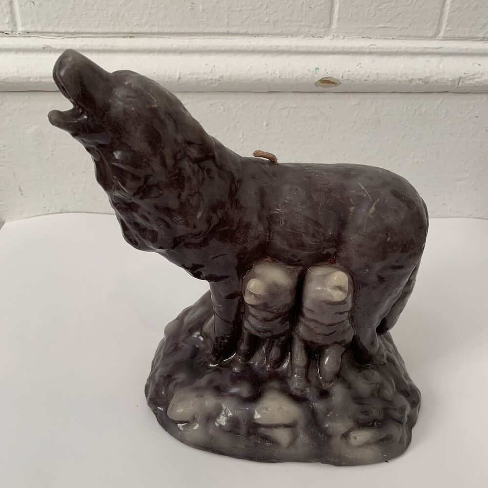 Vtg Wolf Cub Family Howling Wax Shaped Candle 9” Tall Grey Mythical